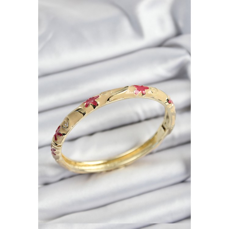 Mineli Pirinç Pembe Ve Krem Çiçek Motifli Gold Renk Kadın Kelepçe - TJ-BB7370 Mineli Pirinç Pembe Ve Krem Çiçek Motifli Gold Renk Kadın Kelepçe - TJ-BB7370