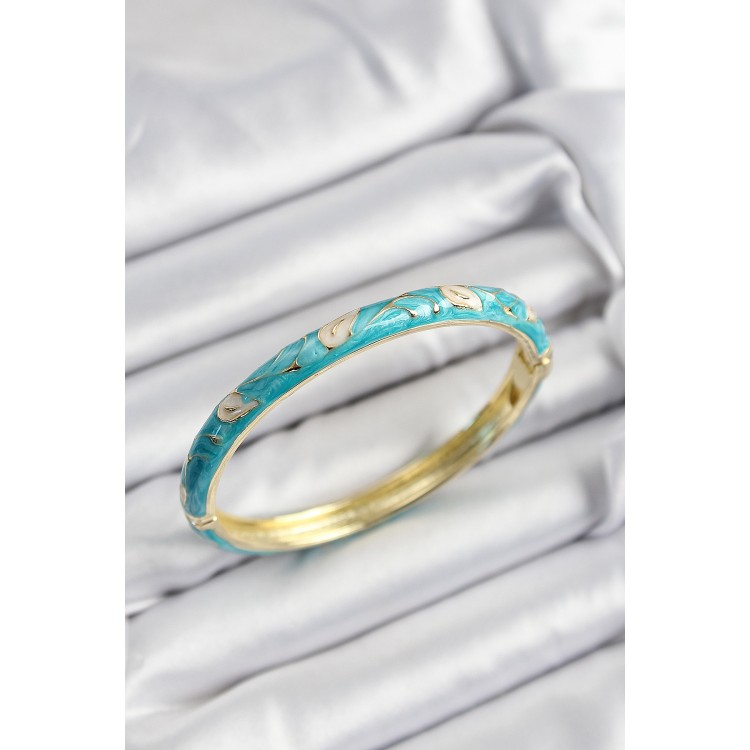 Mineli Pirinç Krem Ve Turkuaz Yaprak Motifli Gold Renk Kadın Kelepçe - TJ-BB7421 Mineli Pirinç Krem Ve Turkuaz Yaprak Motifli Gold Renk Kadın Kelepçe - TJ-BB7421