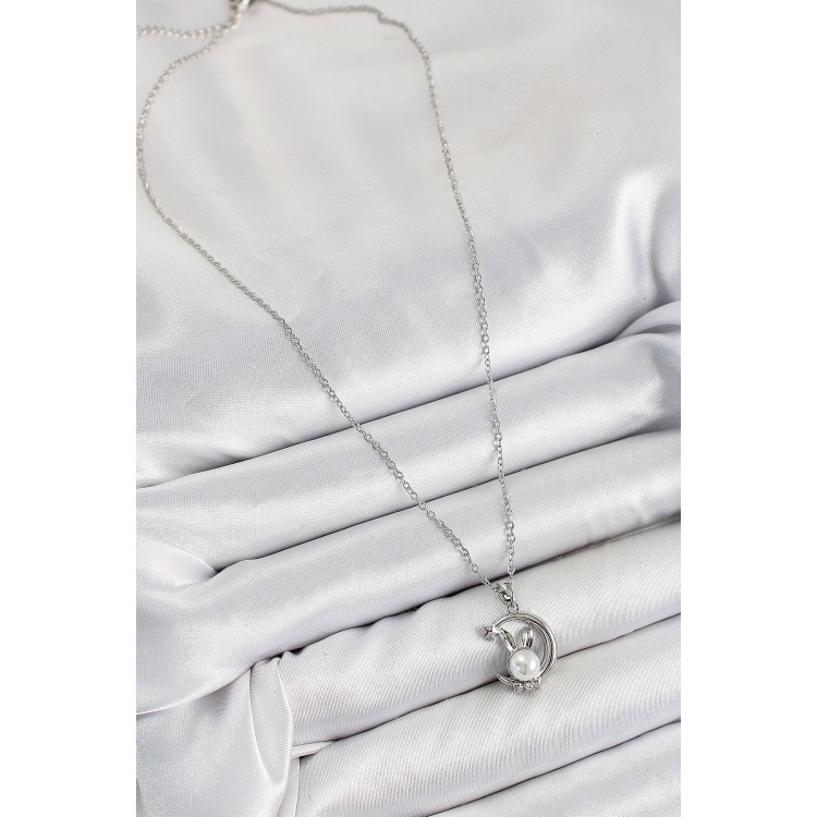 316L Çelik İnci Detaylı Hilal Tavşan Model Gümüş Renk Kadın Kolye - TJ-BKO10348