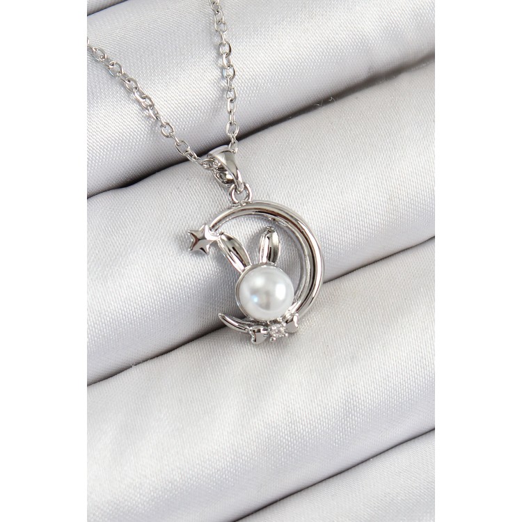 316L Çelik İnci Detaylı Hilal Tavşan Model Gümüş Renk Kadın Kolye - TJ-BKO10348