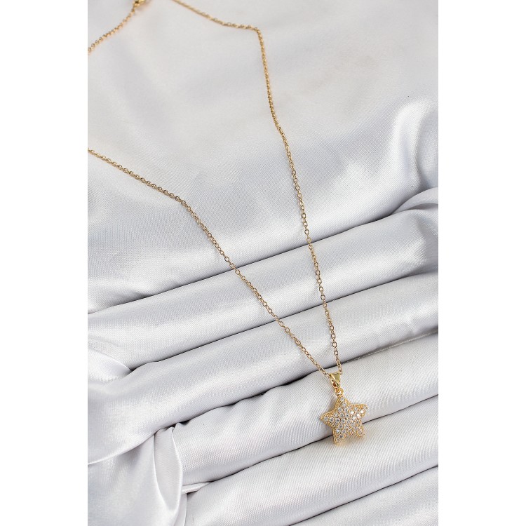 316L Çelik Zirkon Taşlı Yıldız Model Gold Renk Kadın Kolye - TJ-BKO10351