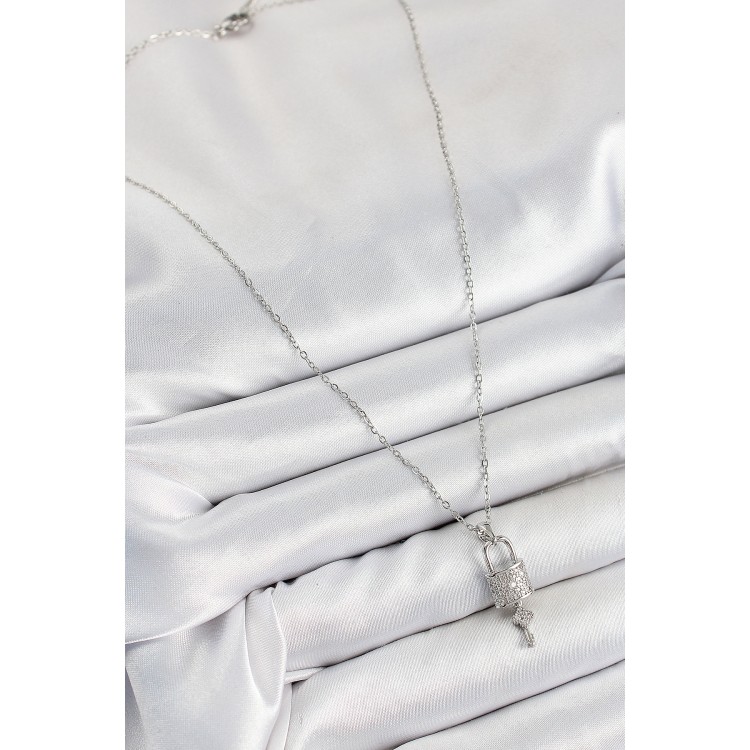 316L Çelik Zirkon Taşlı Kilit Ve Sallantılı Anahtar Model Gümüş Renk Kadın Kolye - TJ-BKO10354