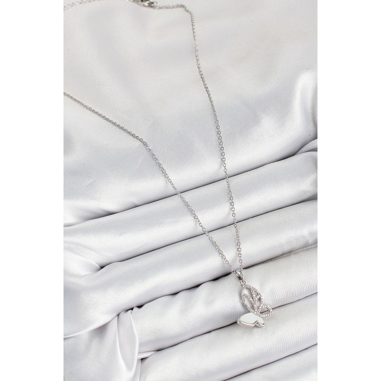 316L Çelik Zirkon Taşlı Kelebek Model Gümüş Renk Kadın Kolye - TJ-BKO10360