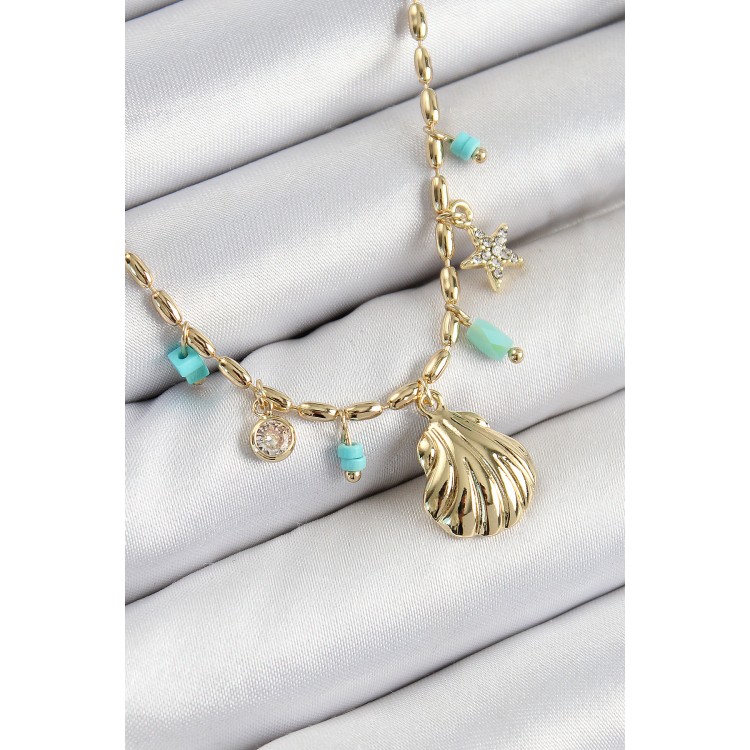 Pirinç Zirkon Taşlı Deniz Kabuğu Model Gold Renk Kadın Kolye - TJ-BKO10368