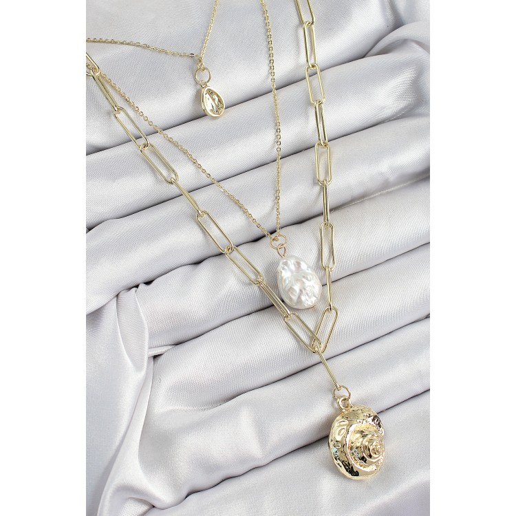 Pirinç Çoklu Zincirli İncili Deniz Kabuğu Model Gold Renk Kadın Kolye - TJ-BKO10370