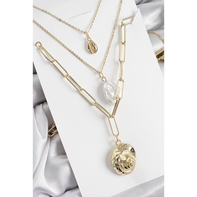 Pirinç Çoklu Zincirli İncili Deniz Kabuğu Model Gold Renk Kadın Kolye - TJ-BKO10370