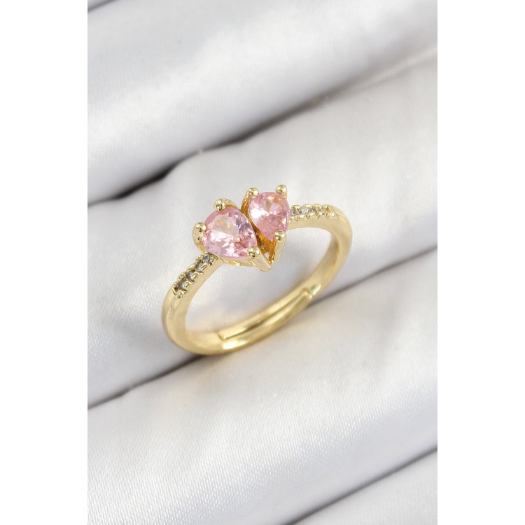 Pirinç Zirkon Taşlı Pembe Kalp Model Gold Renk Kadın Yüzük - TJ-BYK3802