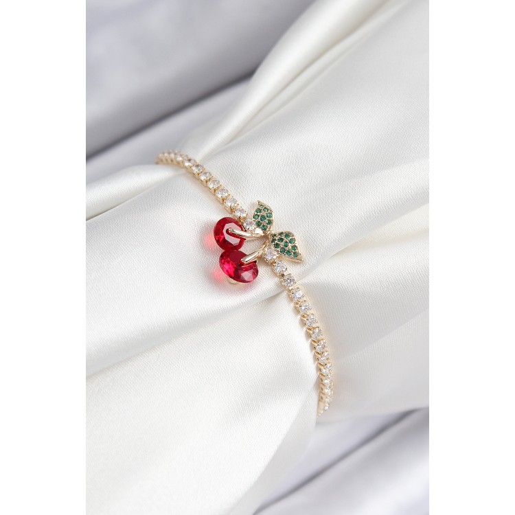 Pirinç Zirkon Taşlı Kiraz Model Gold Renk Asansörlü Kadın Bileklik - TJ-BB7455