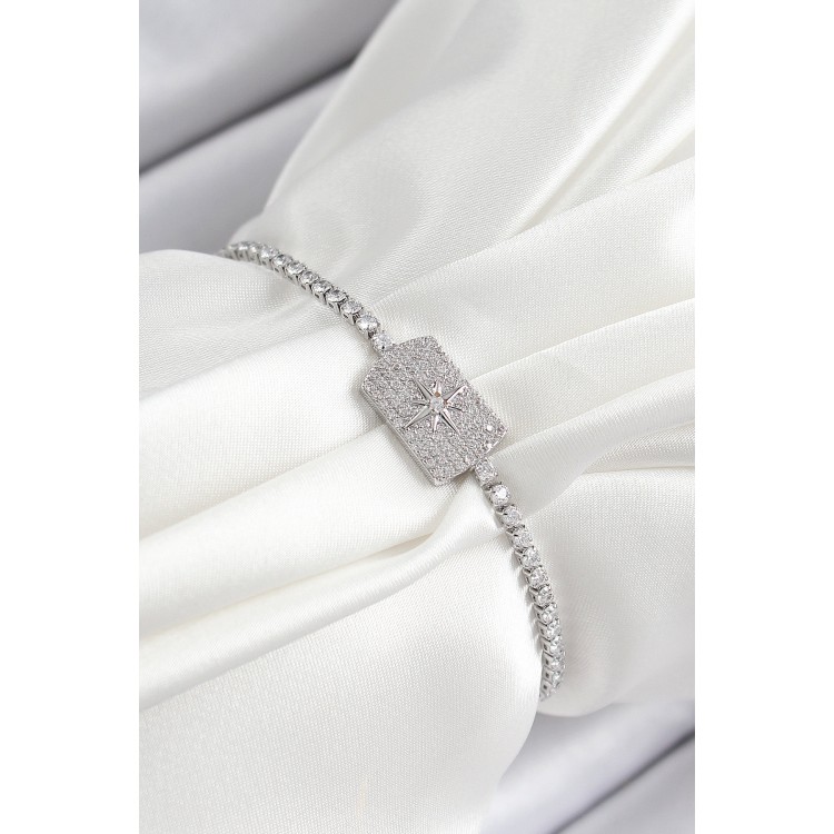 Pirinç Zirkon Taşlı Kutup Yıldızı Model Gümüş Renk Asansörlü Kadın Bileklik - TJ-BB7465