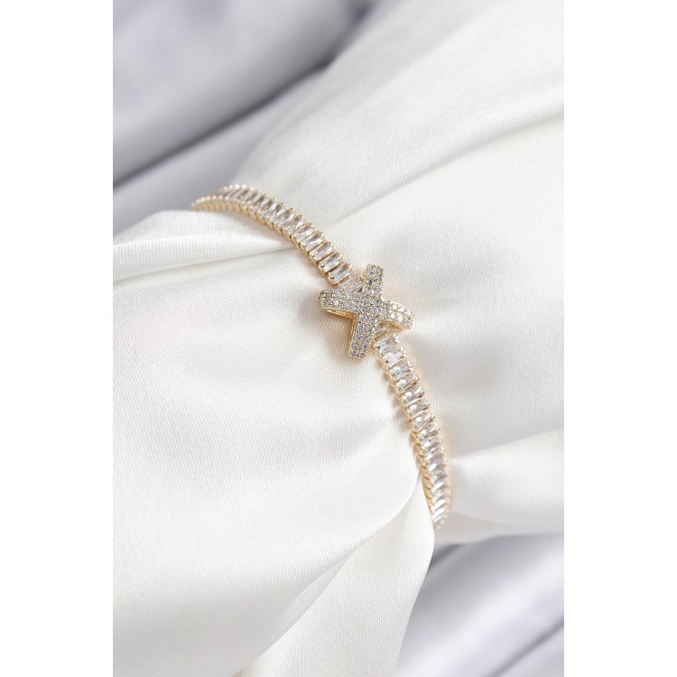 Pirinç Zirkon Taşlı X Detaylı Su Yolu Model Gold Renk Asansörlü Kadın Bileklik - TJ-BB7468