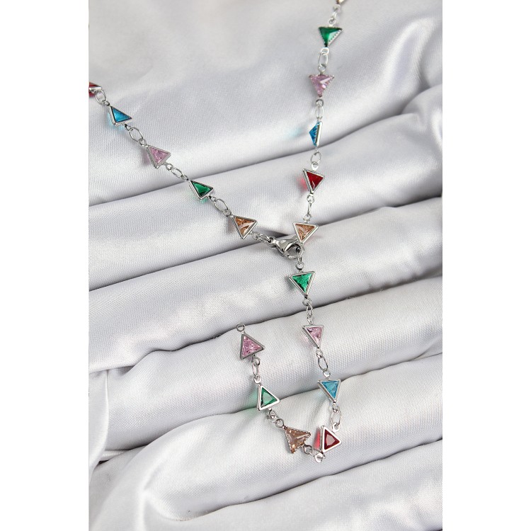 Pirinç Renkli Zirkon Taşlı Üçgen Model Gümüş Renk Kadın Y Kolye - TJ-BKO10383