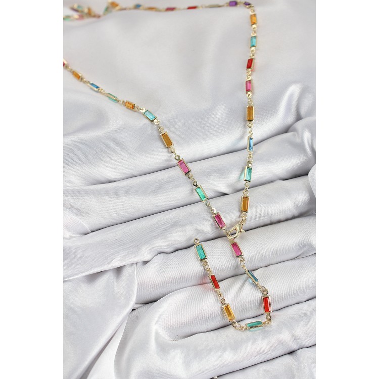 Pirinç Renkli Zirkon Taşlı Dikdörtgen Model Gold Renk Kadın Y Kolye - TJ-BKO10384