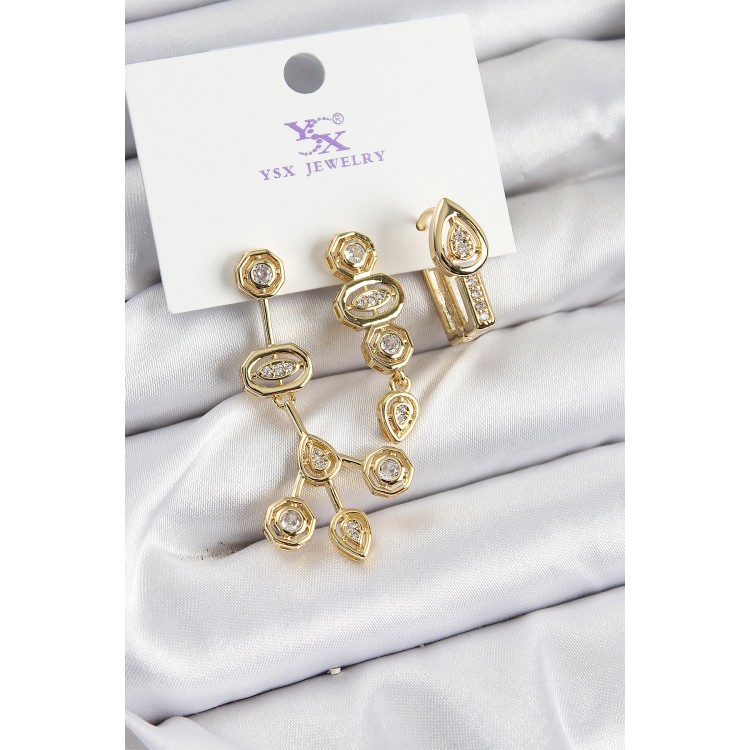 Pirinç Zİrkon Taşlı Geometrik Model Gold Renk 3'lü Kadın Küpe - TJ-BKP10937