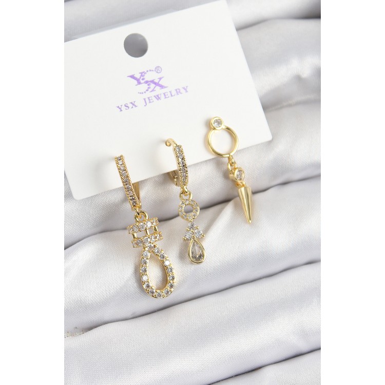 Pirinç Zİrkon Taşlı Sallantılı Model Gold Renk 3'lü Kadın Küpe - TJ-BKP10939