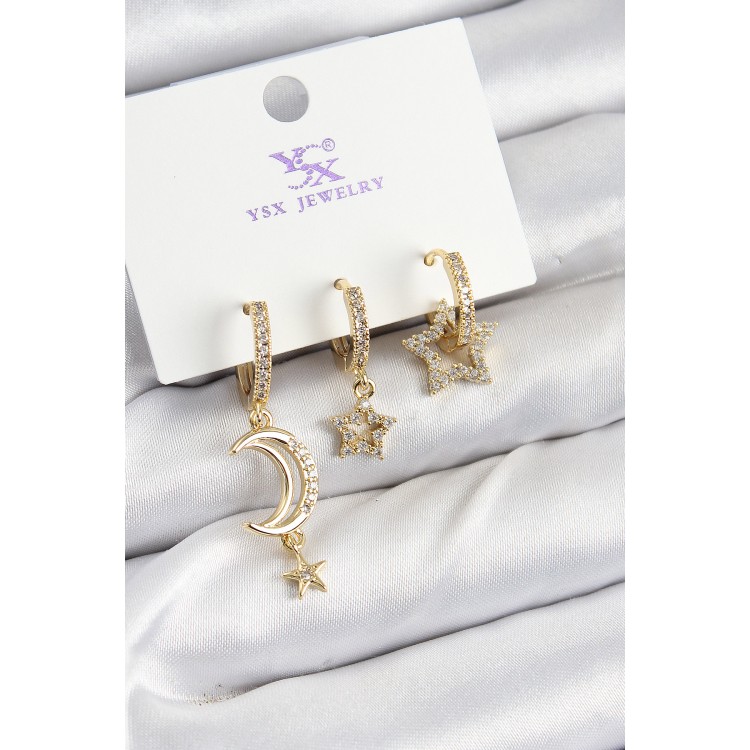 Pirinç Zİrkon Taşlı Ay Ve Hilal Model Gold Renk 3'lü Kadın Küpe - TJ-BKP10942 Pirinç Zİrkon Taşlı Ay Ve Hilal Model Gold Renk 3'lü Kadın Küpe - TJ-BKP10942