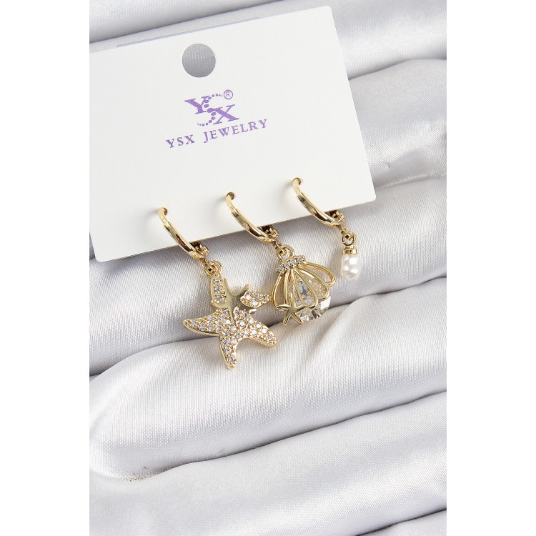 Pirinç Zİrkon Taşlı Deniz Yıldızı Ve İstiridye Model Gold Renk 3'lü Kadın Küpe - TJ-BKP10944