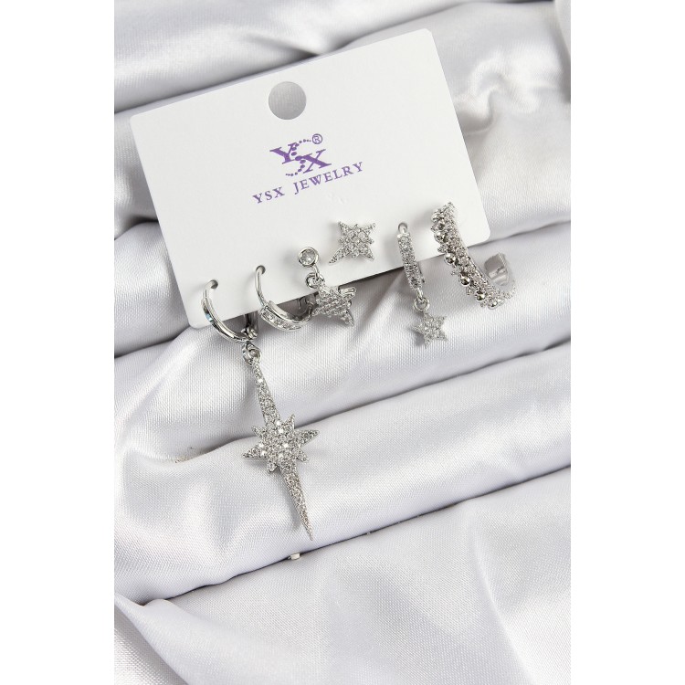 Pirinç Zİrkon Taşlı Kutup Yıldızı Model Gümüş Renk 3'lü Çift Kadın Küpe - TJ-BKP10950