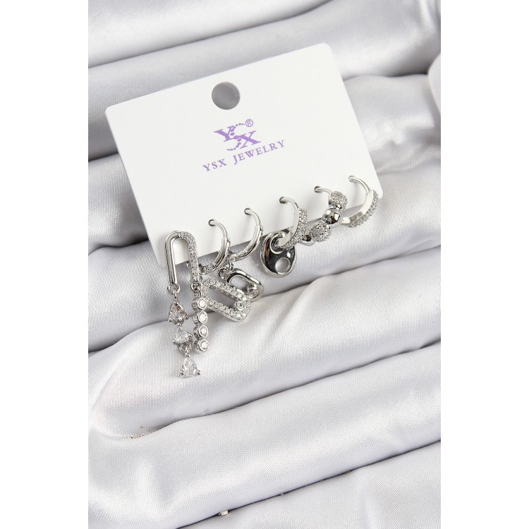 Pirinç Zİrkon Taşlı Dikdörtgen Model Gümüş Renk 3'lü Çift Kadın Küpe - TJ-BKP10954