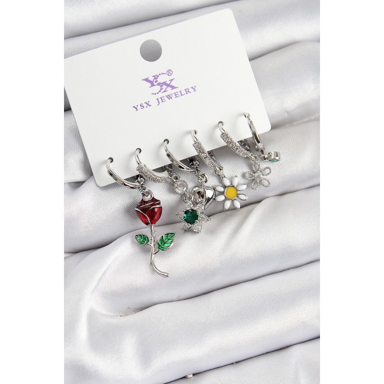 Pirinç Zİrkon Taşlı Gül Ve Papatya Model Gümüş Renk 3'lü Çift Kadın Küpe - TJ-BKP10956