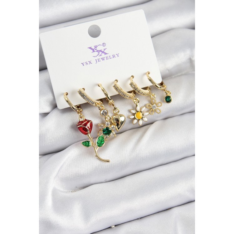 Pirinç Zİrkon Taşlı Gül Ve Papatya Model Gold Renk 3'lü Çift Kadın Küpe - TJ-BKP10957