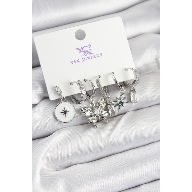 Pirinç Zİrkon Taşlı Kelebek ve Yıldız Model Gümüş Renk 3'lü Çift Kadın Küpe - TJ-BKP10958