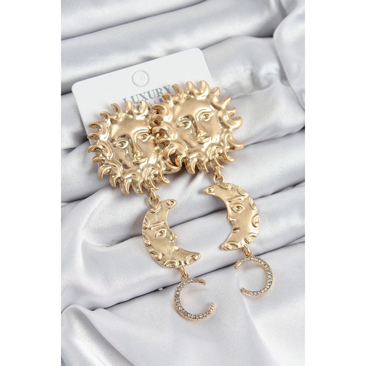 Pirinç Zirkon Taşlı Sallantılı Güneş Model Gold Renk Kadın Küpe - TJ-BKP10961