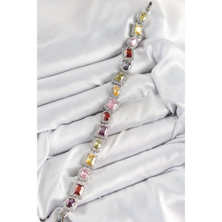 Pirinç Karışık Zirkon Taşlı Baget Model Gümüş Renk VIP Seri Kadın Bileklik - TJ-BB7503