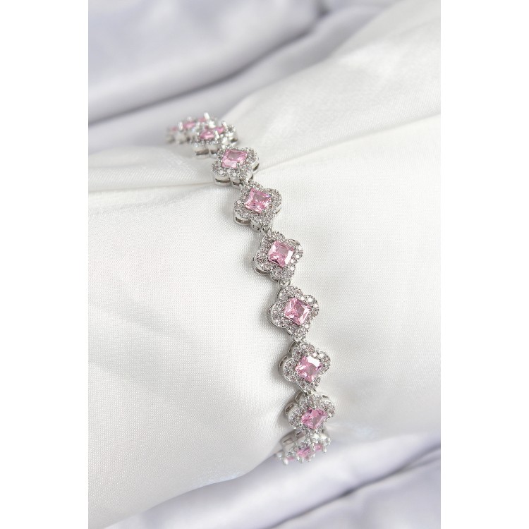 Pirinç Zirkon Taşlı Pembe Yonca Baget Model Gümüş Renk VIP Seri Kadın Bileklik - TJ-BB7505