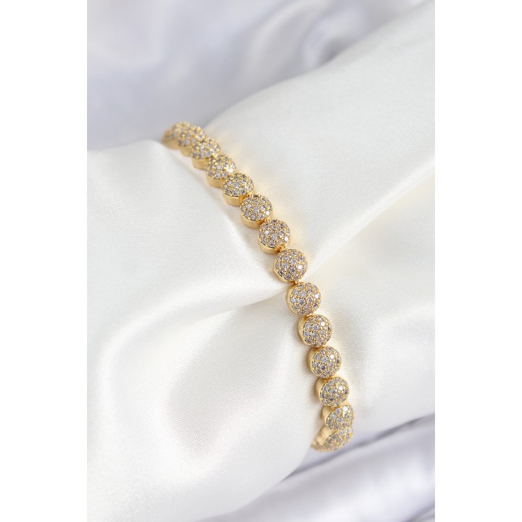 Pirinç Zirkon Taşlı Yarım Topcuk Model Gold Renk VIP Seri Kadın Bileklik - TJ-BB7508