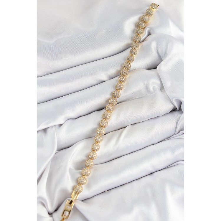 Pirinç Zirkon Taşlı Yarım Topcuk Model Gold Renk VIP Seri Kadın Bileklik - TJ-BB7508