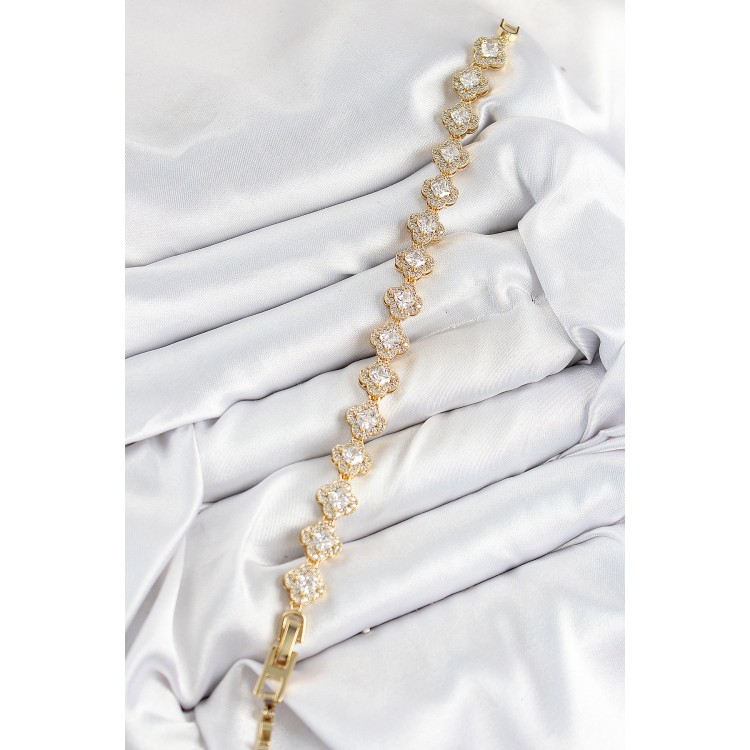 Pirinç Zirkon Taşlı Yonca Baget Model Gold Renk VIP Seri Kadın Bileklik - TJ-BB7510