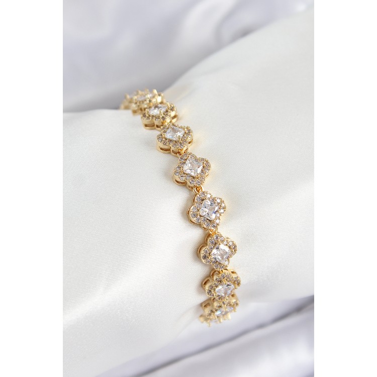 Pirinç Zirkon Taşlı Yonca Baget Model Gold Renk VIP Seri Kadın Bileklik - TJ-BB7510