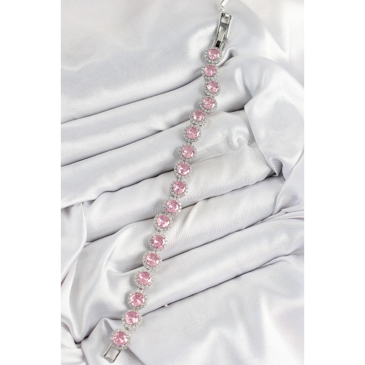 Pirinç Pembe Zirkon Taşlı Daire Baget Model Gümüş Renk VIP Seri Kadın Bileklik - TJ-BB7511