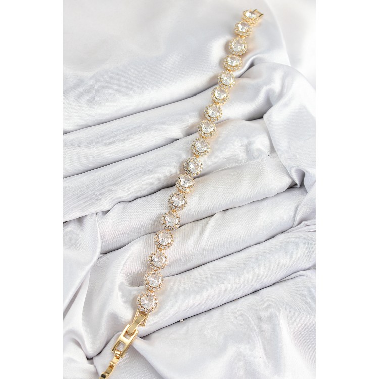 Pirinç Zirkon Taşlı Daire Baget Model Gold Renk VIP Seri Kadın Bileklik - TJ-BB7514