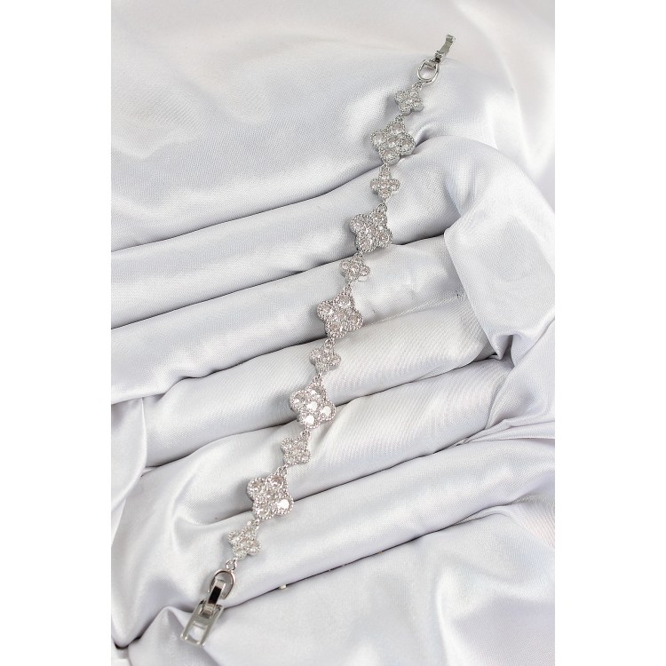 Pirinç Zirkon Taşlı Yonca Model Gümüş Renk VIP Seri Kadın Bileklik - TJ-BB7521