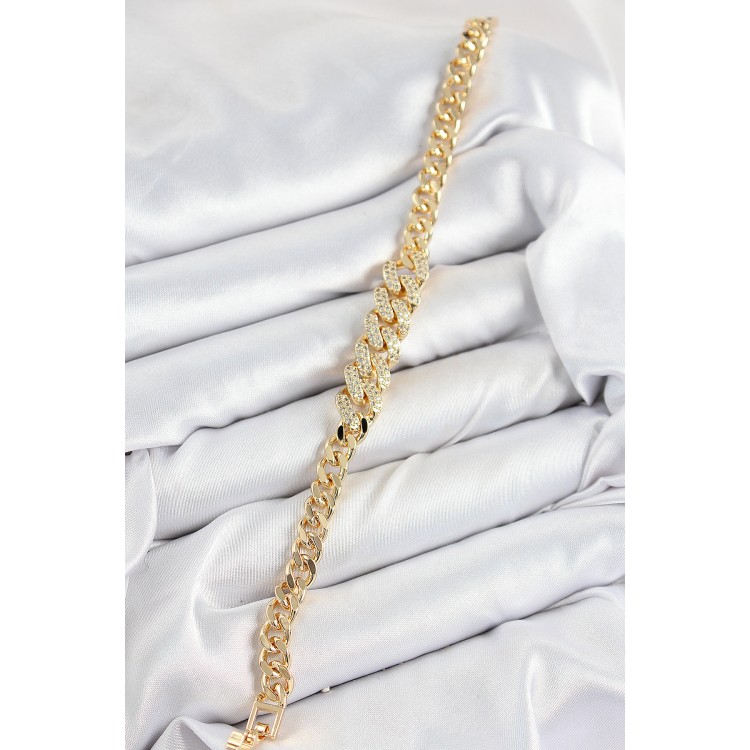 Pirinç Zirkon Taşlı Küba Zincir Model Gold Renk Kadın Bileklik - TJ-BB7533