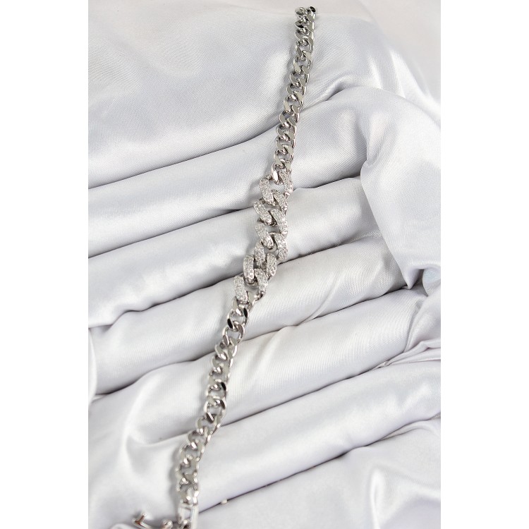 Pirinç Zirkon Taşlı Küba Zincir Model Gümüş Renk Kadın Bileklik - TJ-BB7534