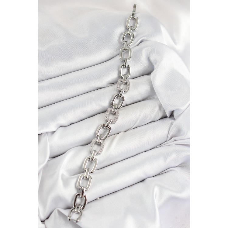 Pirinç Zirkon Taşlı Parçalı Zincir Model Gümüş Renk Kadın Bileklik - TJ-BB7536