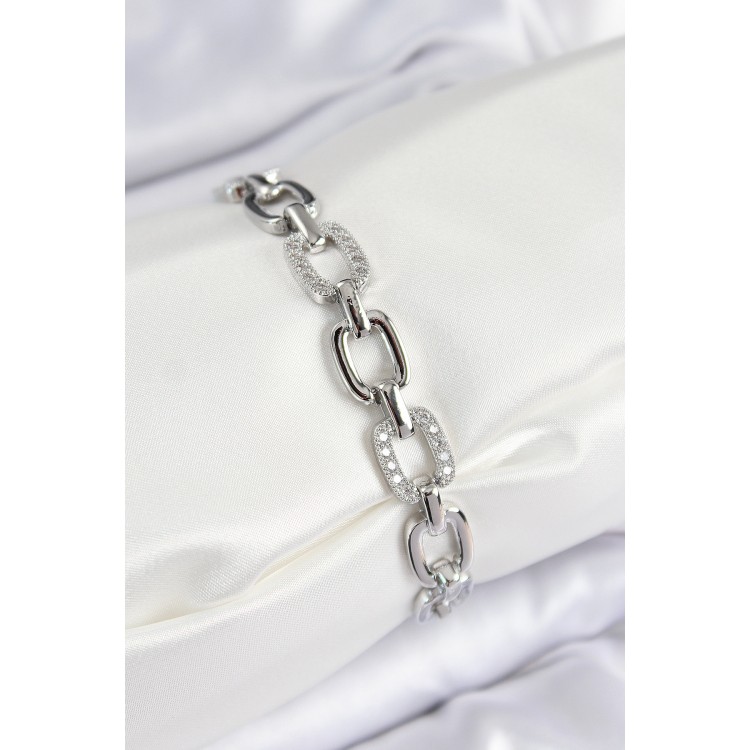 Pirinç Zirkon Taşlı Parçalı Zincir Model Gümüş Renk Kadın Bileklik - TJ-BB7536