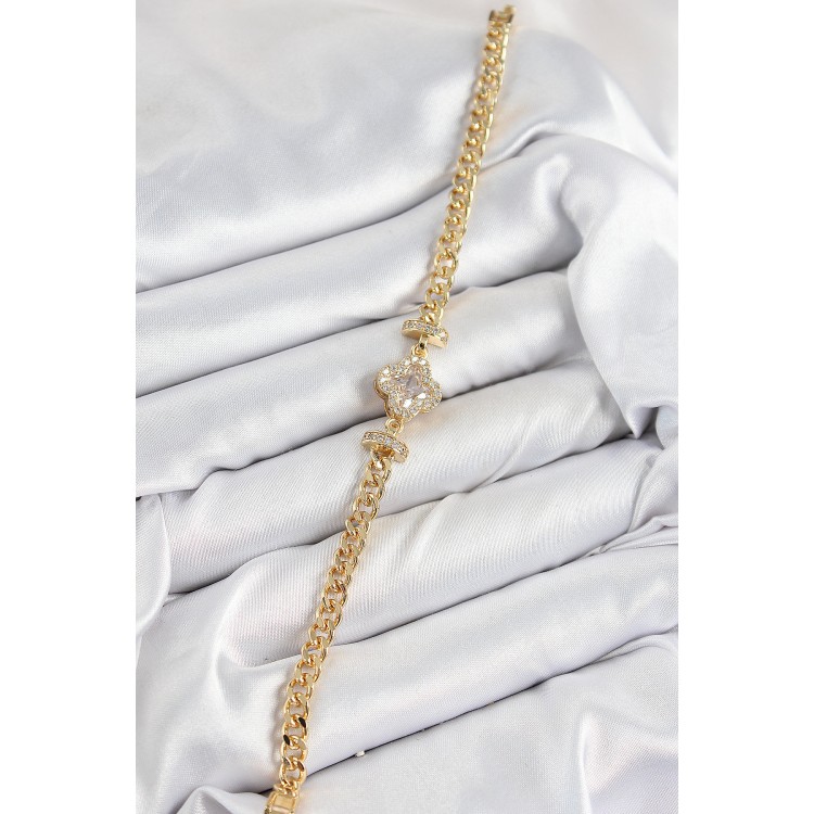 Pirinç Zirkon Taşlı Yonca Model Gold Renk Kadın Bileklik - TJ-BB7537