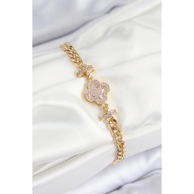 Pirinç Zirkon Taşlı Yonca Model Gold Renk Kadın Bileklik - TJ-BB7537