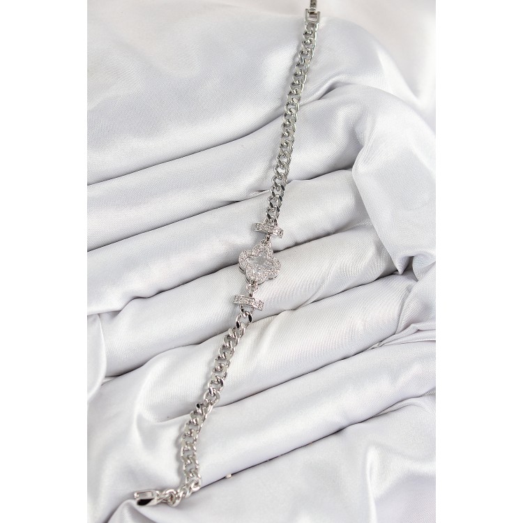 Pirinç Zirkon Taşlı Yonca Model Gümüş Renk Kadın Bileklik - TJ-BB7538