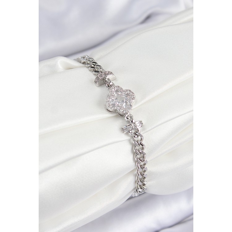 Pirinç Zirkon Taşlı Yonca Model Gümüş Renk Kadın Bileklik - TJ-BB7538