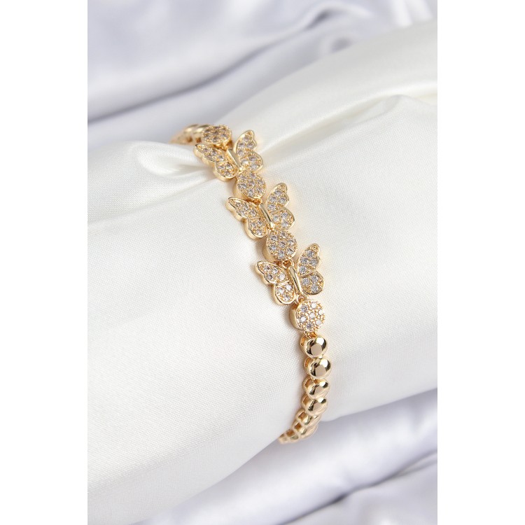 Pirinç Zirkon Taşlı Kelebek Model Gold Renk Kadın Bileklik - TJ-BB7541