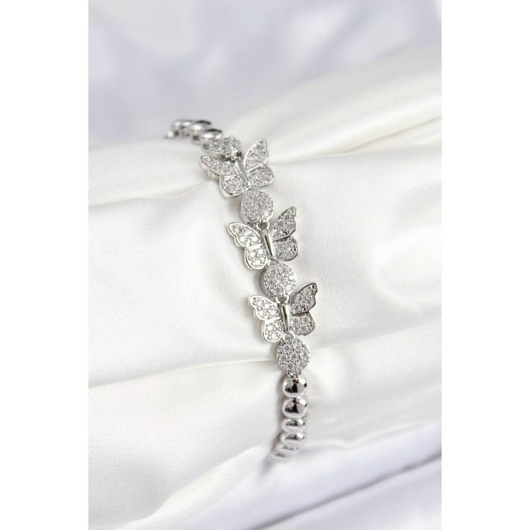 Pirinç Zirkon Taşlı Kelebek Model Gümüş Renk Kadın Bileklik - TJ-BB7542