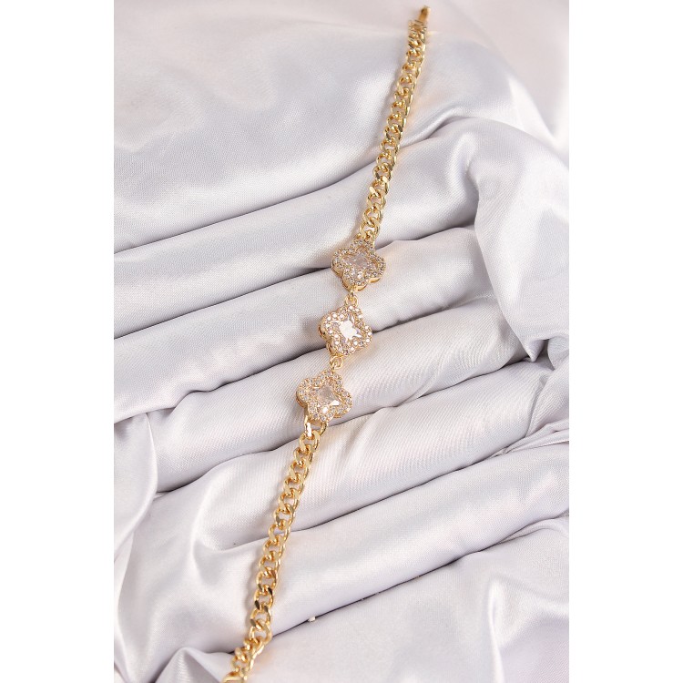 Pirinç Zirkon Taşlı Yonca Model Gold Renk Kadın Bileklik - TJ-BB7545