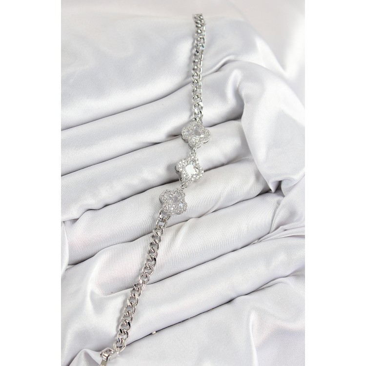 Pirinç Zirkon Taşlı Yonca Model Gümüş Renk Kadın Bileklik - TJ-BB7546