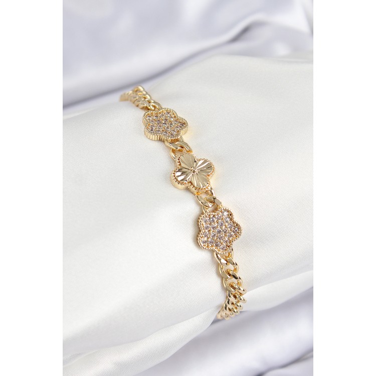 Pirinç Zirkon Taşlı Yonca Model Gold Renk Kadın Bileklik - TJ-BB7547