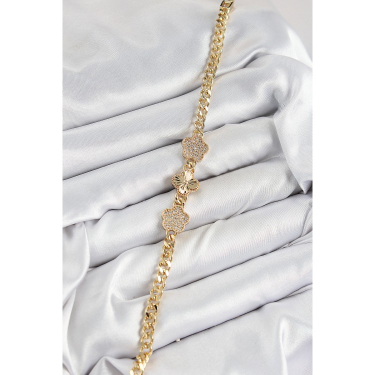 Pirinç Zirkon Taşlı Yonca Model Gold Renk Kadın Bileklik - TJ-BB7547