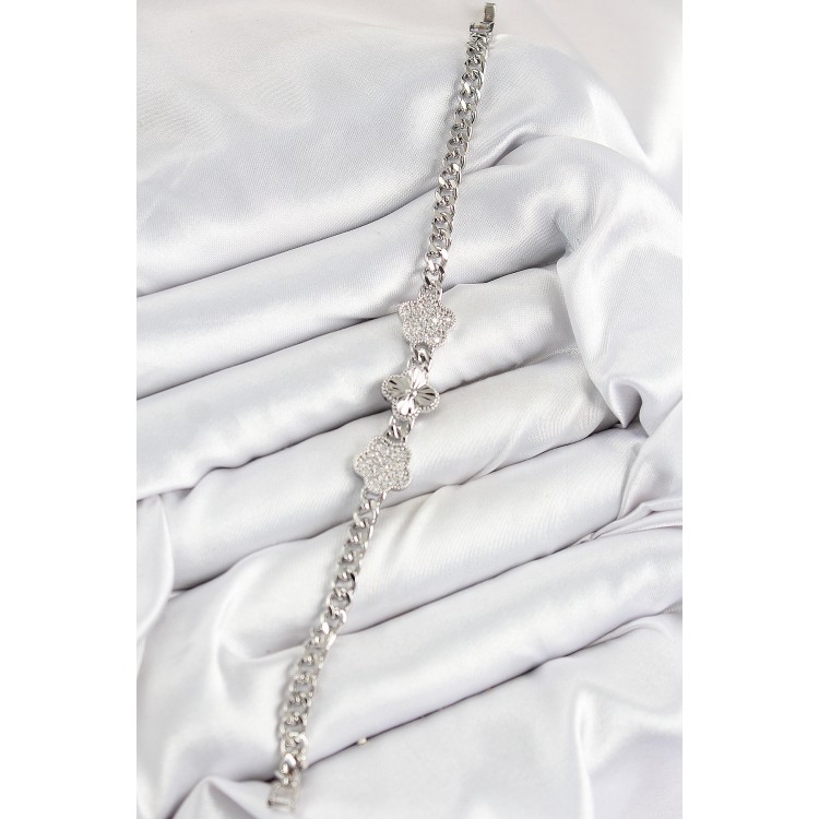 Pirinç Zirkon Taşlı Yonca Model Gümüş Renk Kadın Bileklik - TJ-BB7548